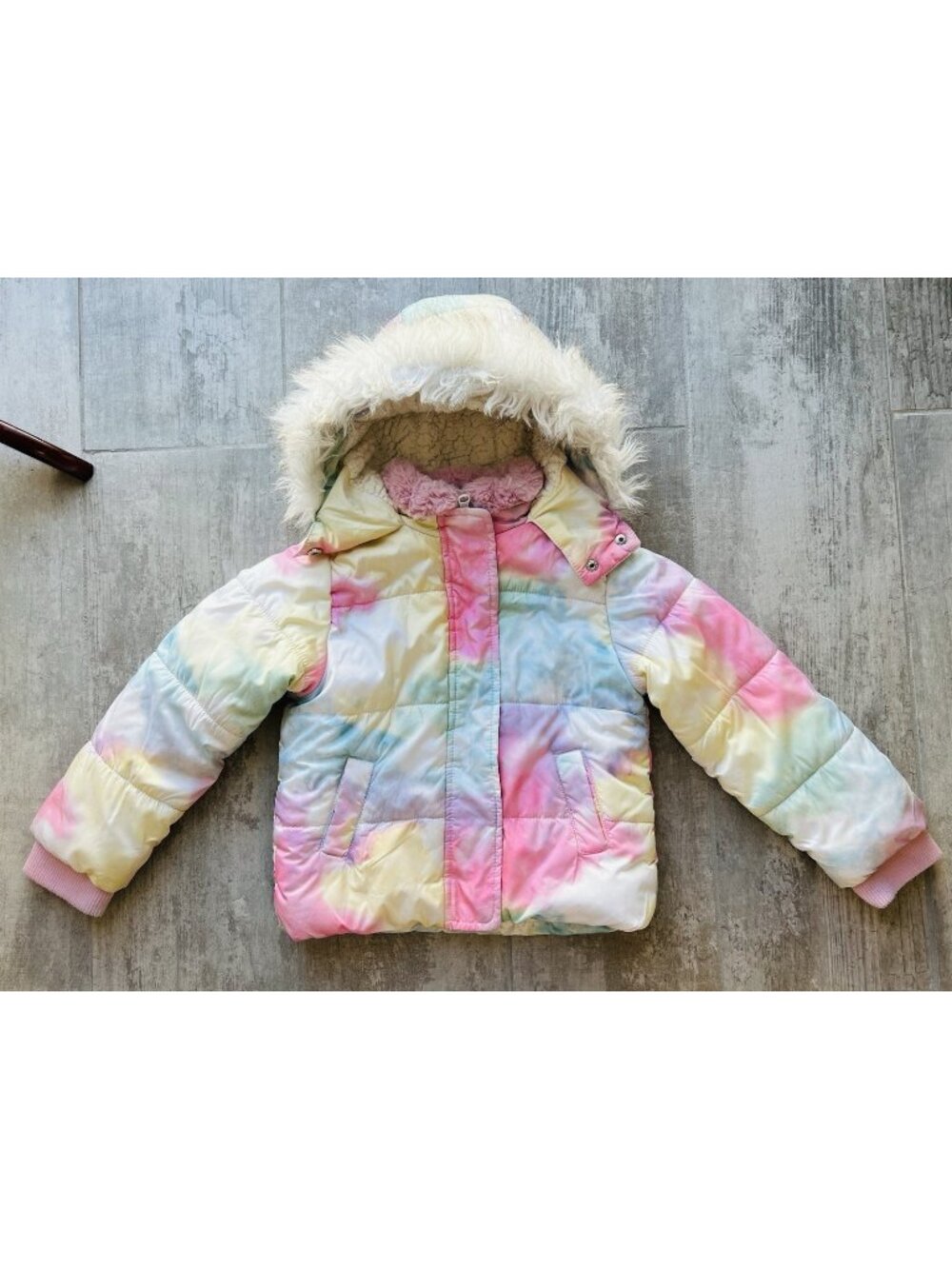 C&C California Tie Dye Rainbow Faux Fur Puffer Coat Sherpa Lined Hood Jacket  4